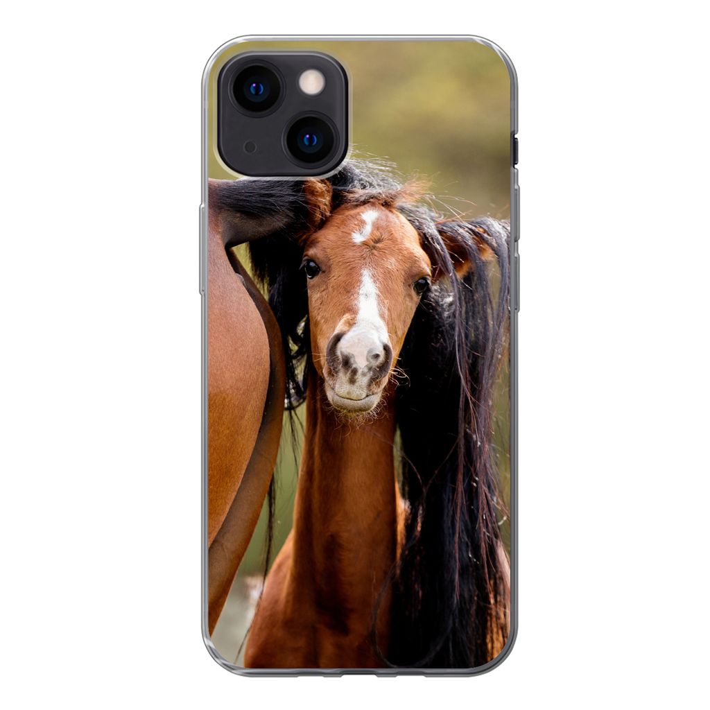 MuchoWow Handyhülle Schutzhülle Hülle für iPhone 13 Pferde - Natur - Braun Silikon Softcase Handy Hülle - Karteninhaber