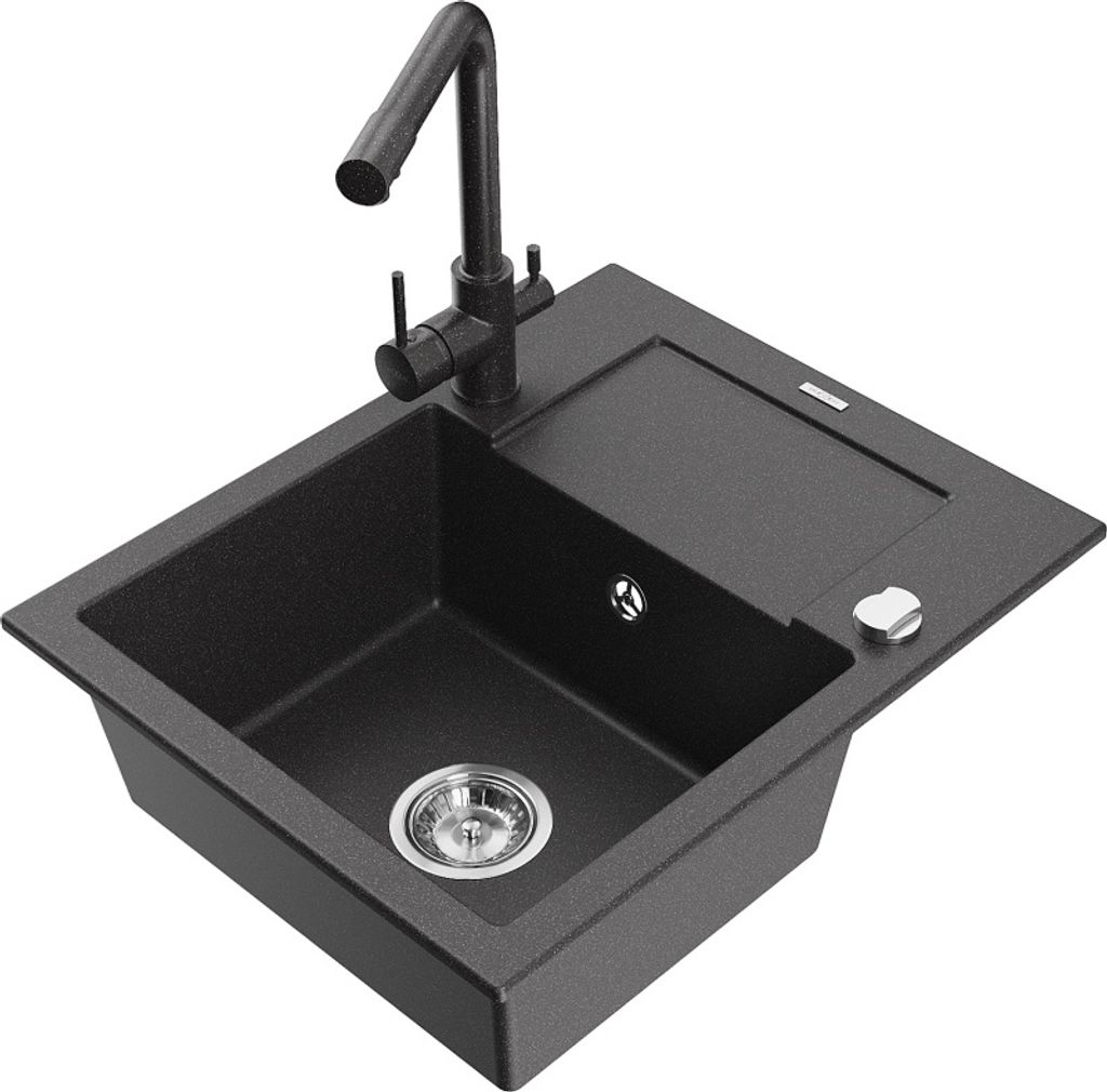 Mexen Enzo 1 Becken-Granitspüle mit Abtropffläche und Mischbatterie Duero, Schwarz gesprenkelt - 6506-76-671600-76