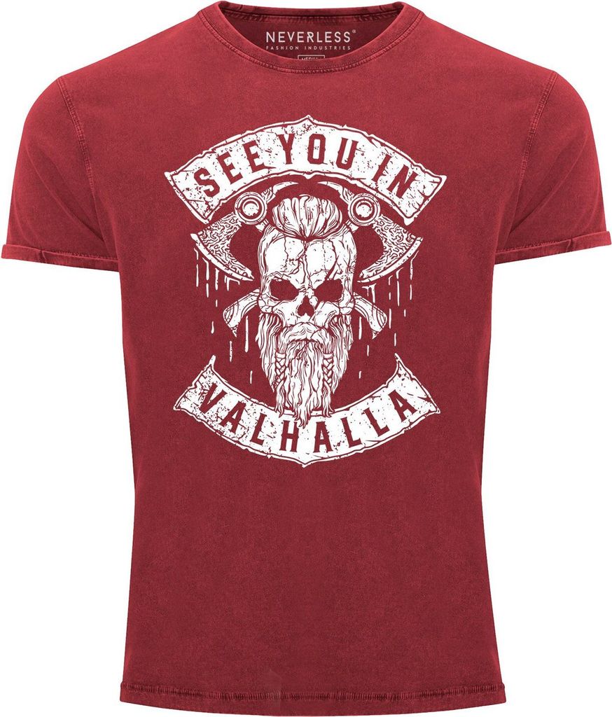 Herren Vintage Shirt See You in Valhalla Wikinger Totenkopf Skull Printshirt T-Shirt Aufdruck Used Look Neverless rot XXL