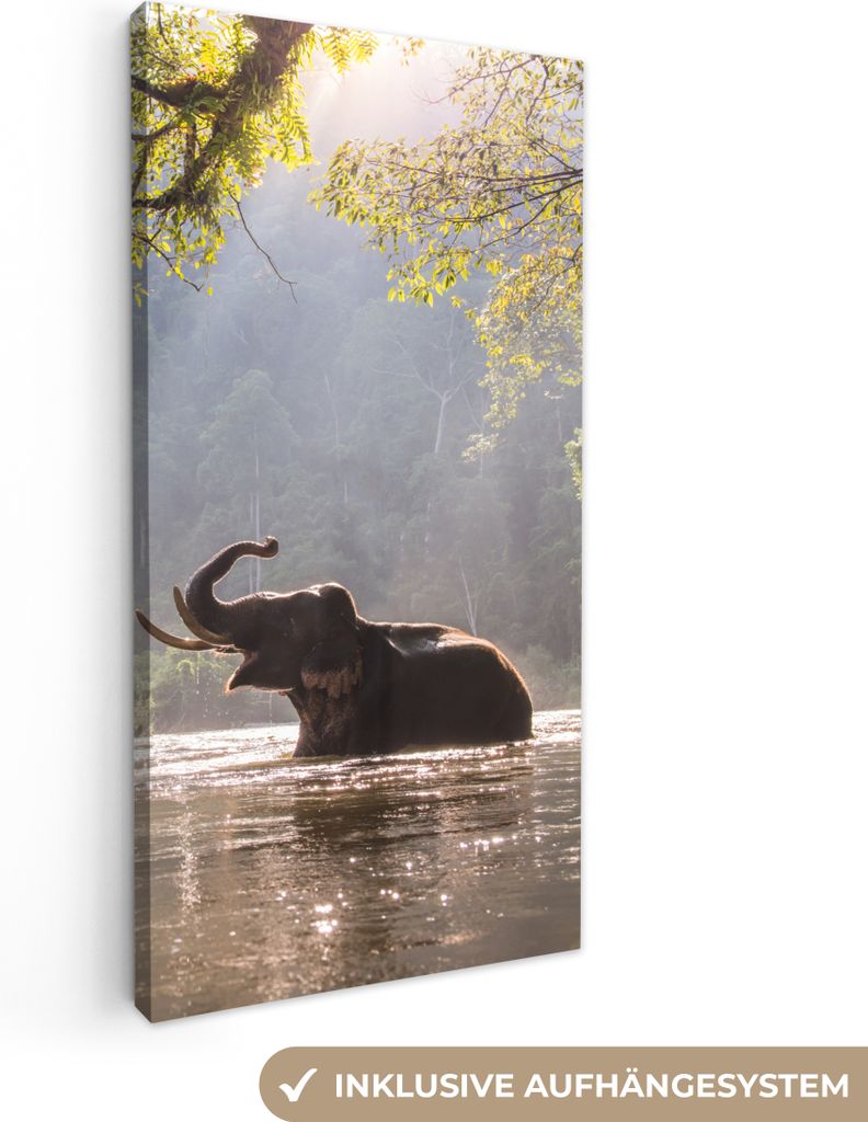 MuchoWow - Leinwandbilder - Elefant - Wasser - Tiere - Bäume - Sonne, Wandbild, Wanddeko Bilder Wohnzimmer, 40x80 cm