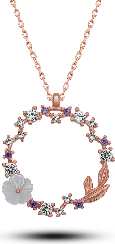 Pendentif floral magnolia cercle argent 925 et pierres scintillantes