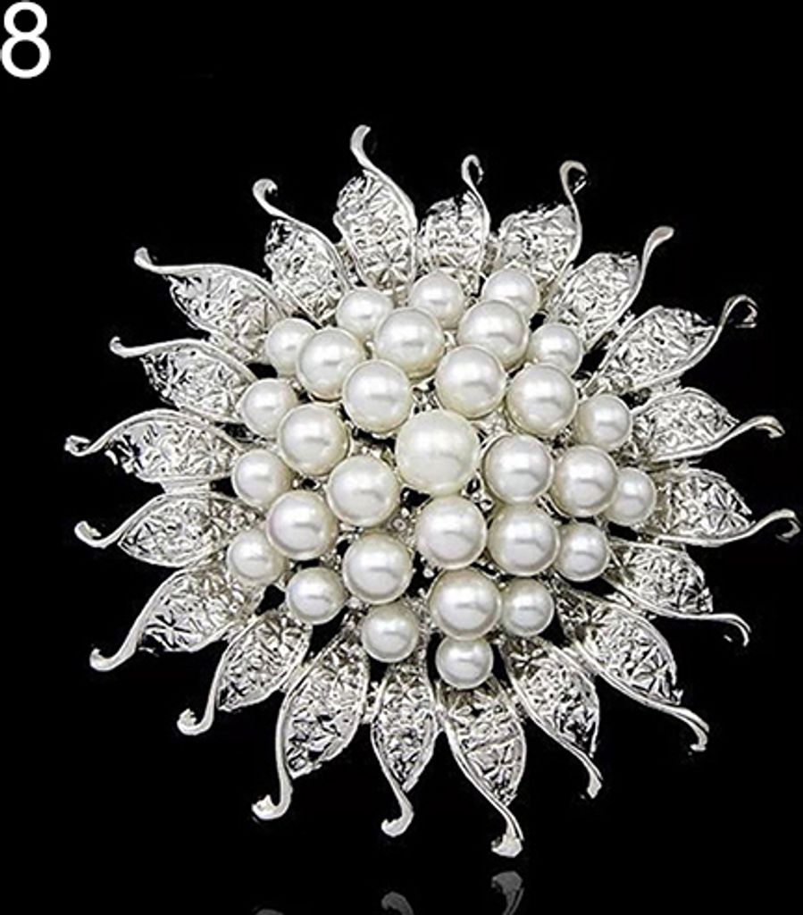 Kunstperlen-Blumen-Brosche, Kragennadel, Strass-Kristall, Brautschmuck-8