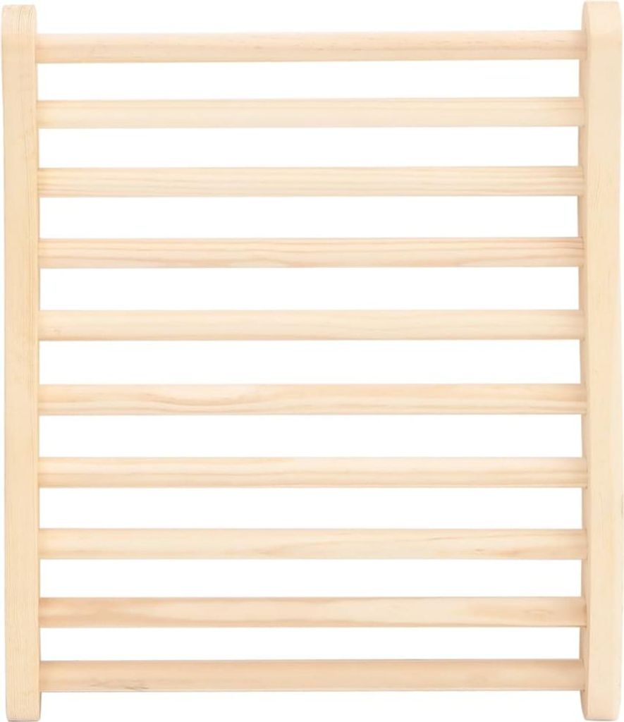 A close-up, straight-on view of a wooden sauna backrest with multiple horizontal slats.