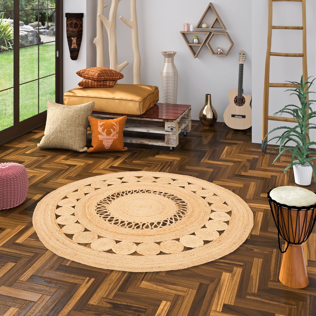 Naturfaser Teppich Handgefertigt Jute Salsa Honig Modern Rund, Größe:120 cm Rund