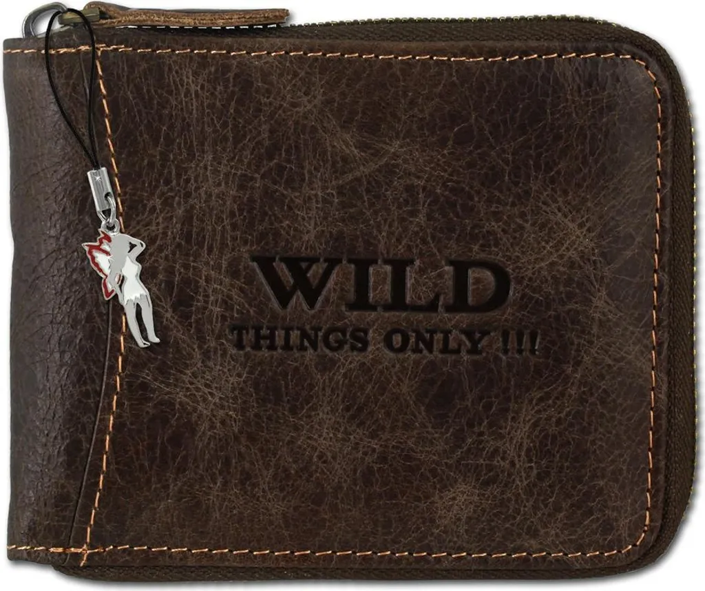 Portafoglio Wild Things Only con zip e bottone a pressione in pelle marrone OPJ112N