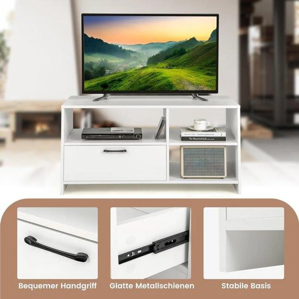 Meuble TV bas gain de place 104 cm avec tiroir pour salon ordonné