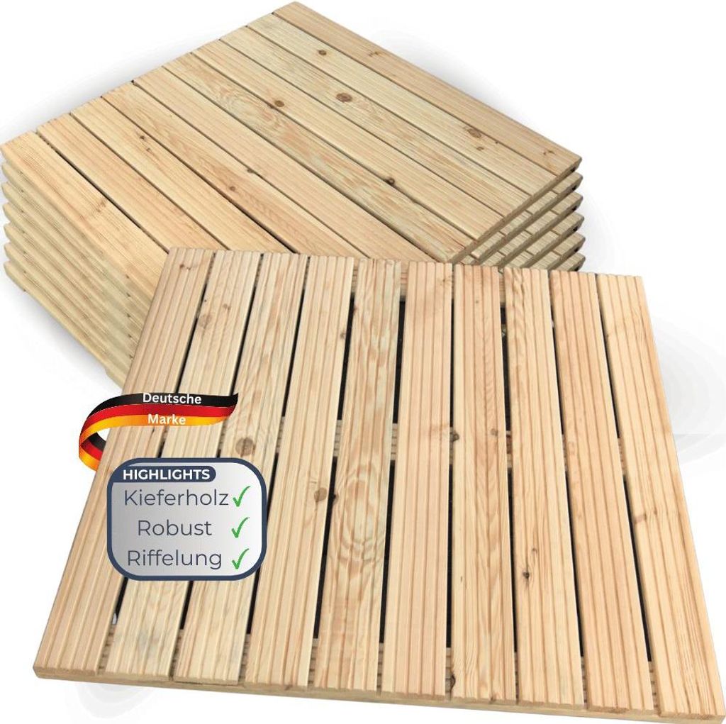 Holzfliese Kiefernholz 95x95cm - Fliese Geriffelt | Terrassenfliese Holz quadratisch Terrassendiele mit Unterkonstruktion Balkon Bodenfliese