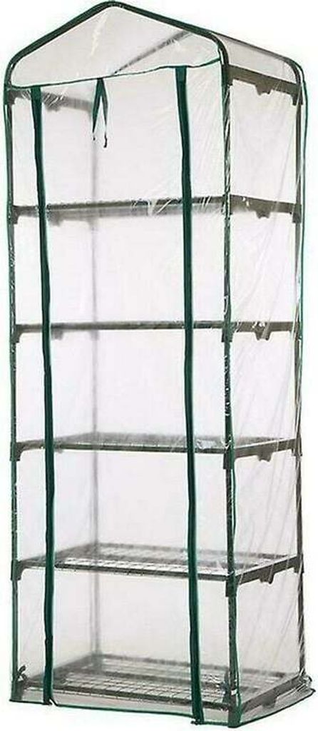A tall, narrow greenhouse with five shelves, covered in clear plastic.