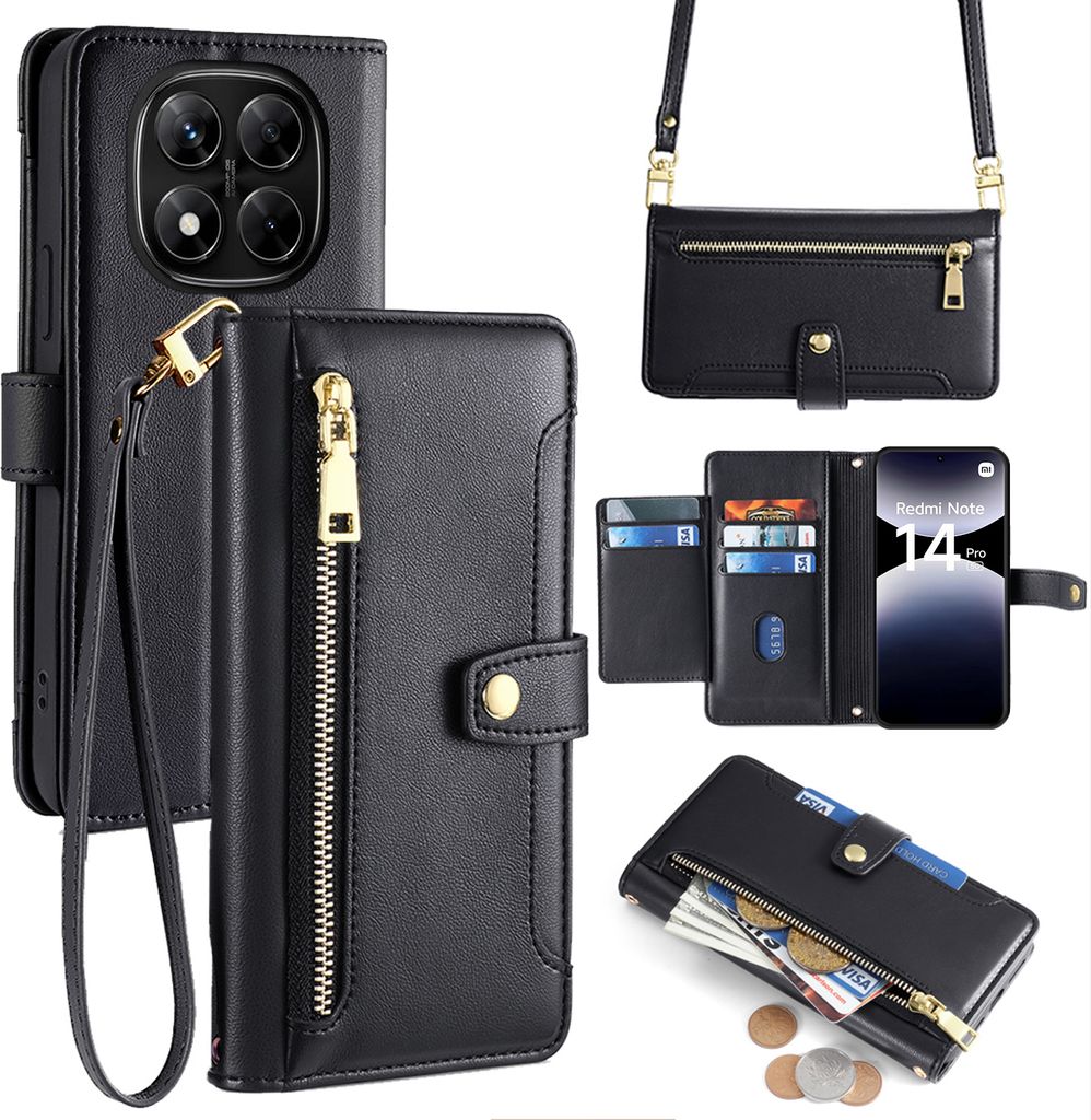 Handykette Xiaomi Redmi Note 14 Pro 5G Hülle mit Band Handyhülle Kartenfächer Kunstleder Umhängetasche in Schwarz