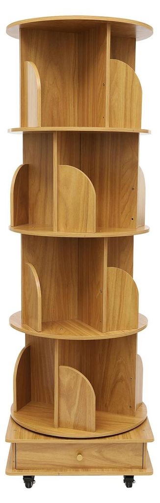 Drehbares Bücherregal - 4 Ebenen - 360° rotierend - Massivholz - Mit Rollen - 35 kg Tragfähigkeit - Naturholz (Burlywood)