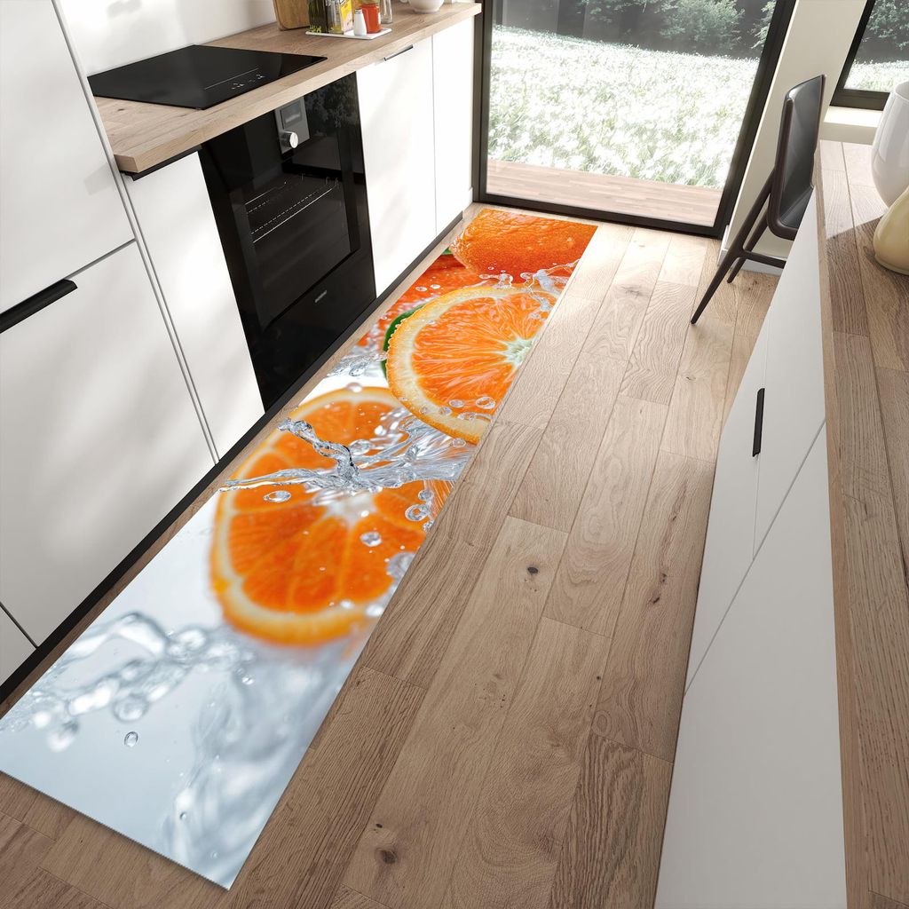 Küchenteppich 60x300cm rutschfest & abwischbar PVC Läufer - Spritzige Orangen