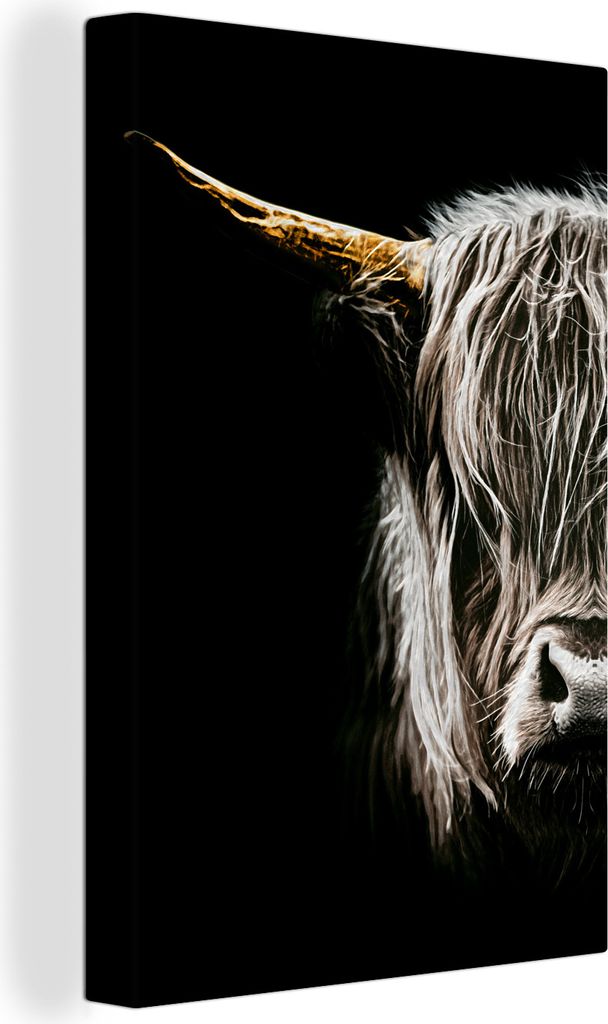 OneMillionCanvasses - Leinwandbilder - 90x140 cm, Schottisches Hochlandrind - Porträt - Hoorn, Wandbilder Wohnzimmer Hochland Rind - Tier Wandde...