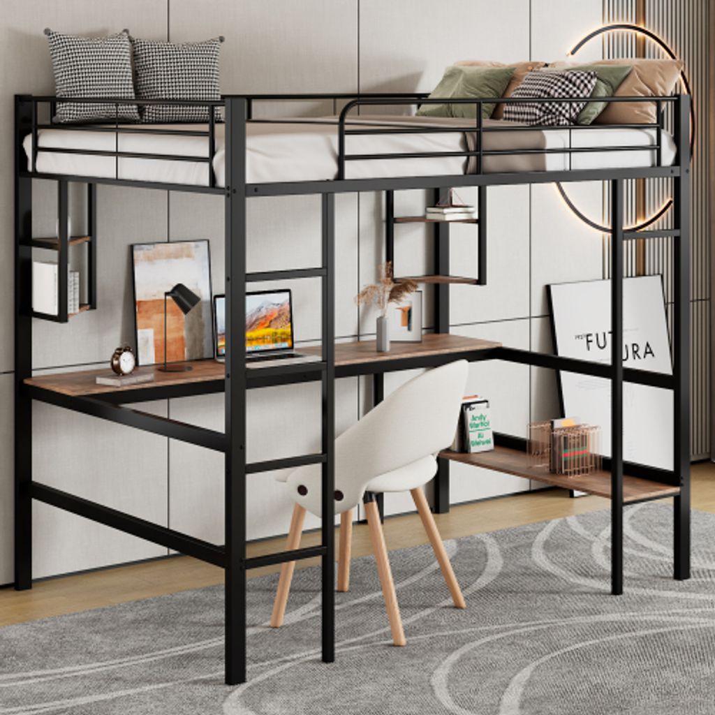 AIORBER Etagenbette, 90x200cm,aus Stahl, mit Schreibtisch, Ablagen, Hochbett mit Rausfallschutz und Leiter, Lattenrost, Kinderbett Jugendbett, Schwarz
