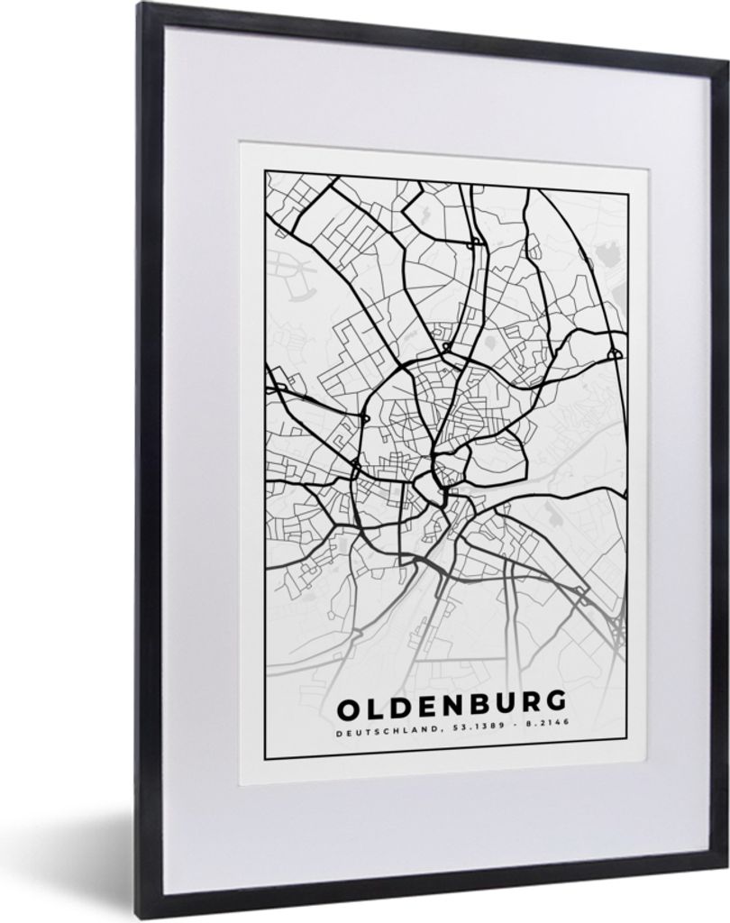 MuchoWow Gerahmtes Poster Karte - Karte von Oldenburg 30x40 cm - Poster mit Schwarzem Bilderrahmen Wandposter Rahmen Foto Bilder - Wandposter Sch...