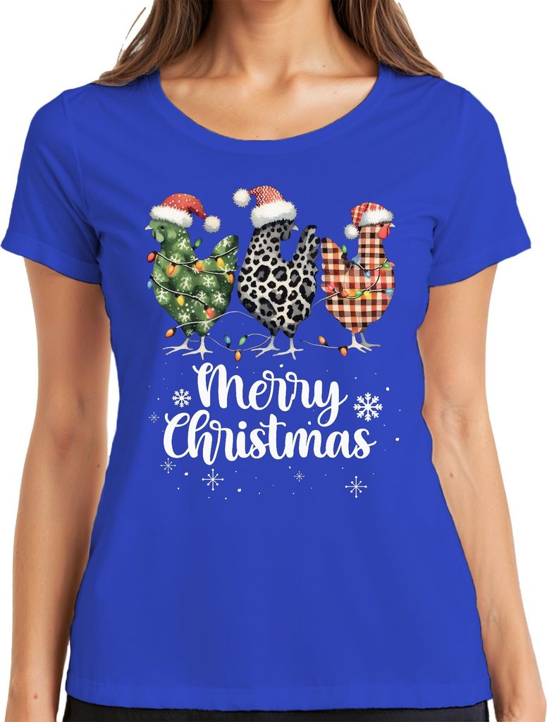 Merry Christmas Hühner Huhn Kariert Karo - Weihnachten Weihnachtsgeschenk Christmas Damen T-Shirt, Blau, XL