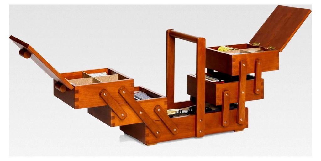 Nähkasten aus dunklem Kautschukholz – 3-stufige Holzbox zur Aufbewahrung von Nähzubehör, Knöpfen, Garn und Bastelutensilien – Ziehharmonika...