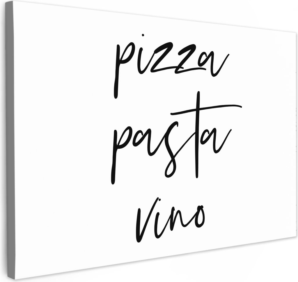MuchoWow - Leinwandbilder - Zitat - Pizza, Pasta, Vino - Schwarz - Weiß, Wandbild, Wanddeko Bilder Wohnzimmer, 60x40 cm