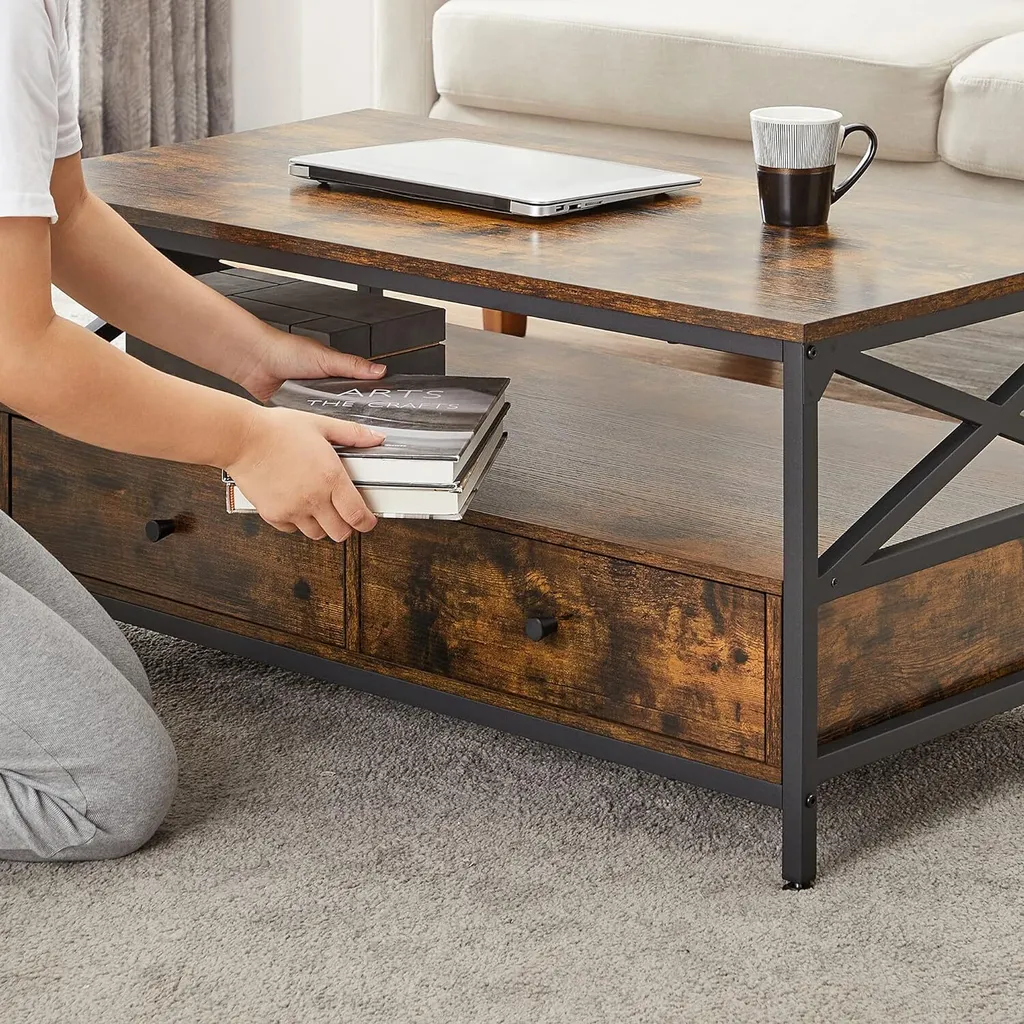 Table Basse avec Tréteaux en X et Double Tiroir de Rangement 100cm - 5