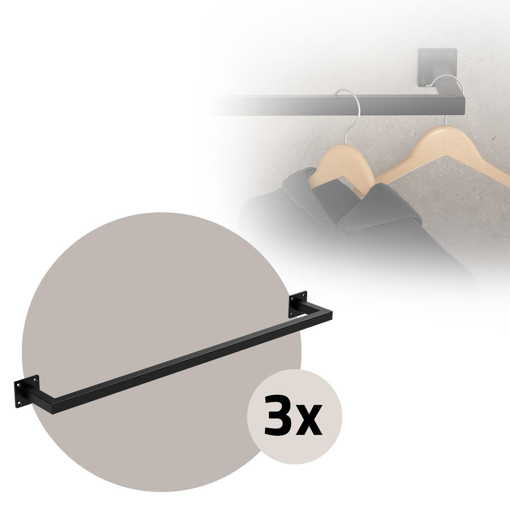 ML-Design 3er Set Kleiderstange Rechteck für die Wand, 12x90 cm, Schwarz, aus Stahl, Garderobenstange U-Form, inkl. Montagematerial