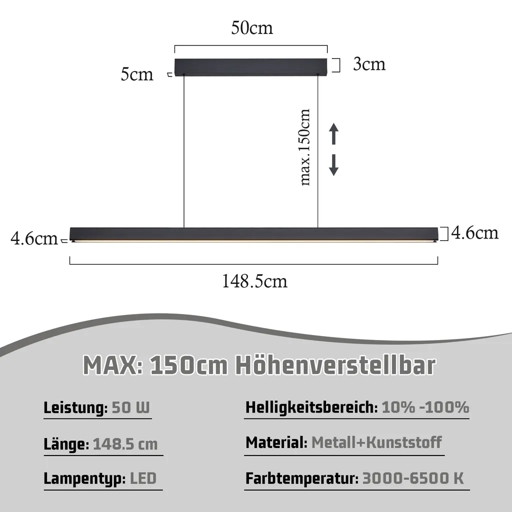 ZMH LED lampada a sospensione sala da pranzo lampada a sospensione dimmerabile tavolo da pranzo lampada a sospensione ufficio nero con telecomando 50W moderno tavolo da pranzo lampada a sospensione 148,5CM per cucina bar soggiorno camera da letto - 2