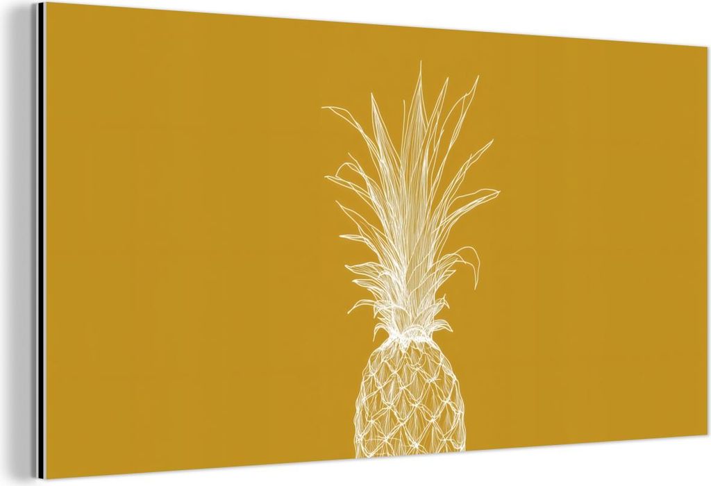 MuchoWow Wanddekoration Metall Metallbild Wandkunst 40x20 cm Strich-Illustration - Ananas - Blattkrone - Ockergelb MuchoWow Aluminium Gemälde - Bi...