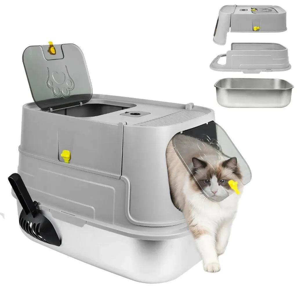 Bac à litière fermé spacieux 49cm pour chat 7kg avec base inox grise