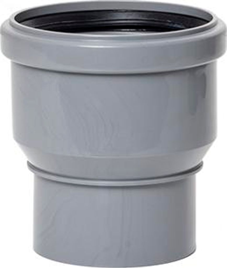 A gray plastic pipe adapter with a black rubber seal.