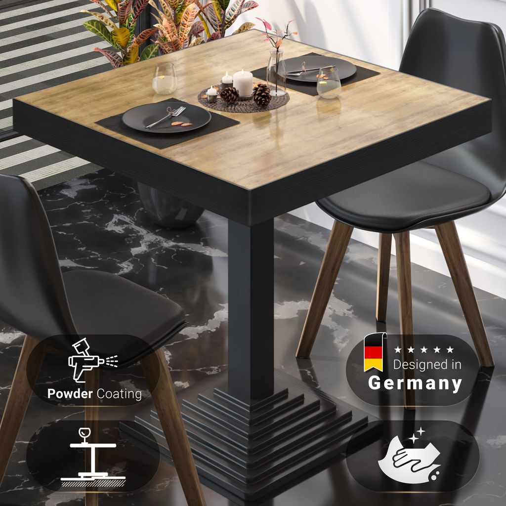 BPY | Bistro Tisch | 60 x 60 x 81 cm | Quadratisch | Schwarzer Rand | Eiche / Schwarz | Bistrotisch Gastro Tisch