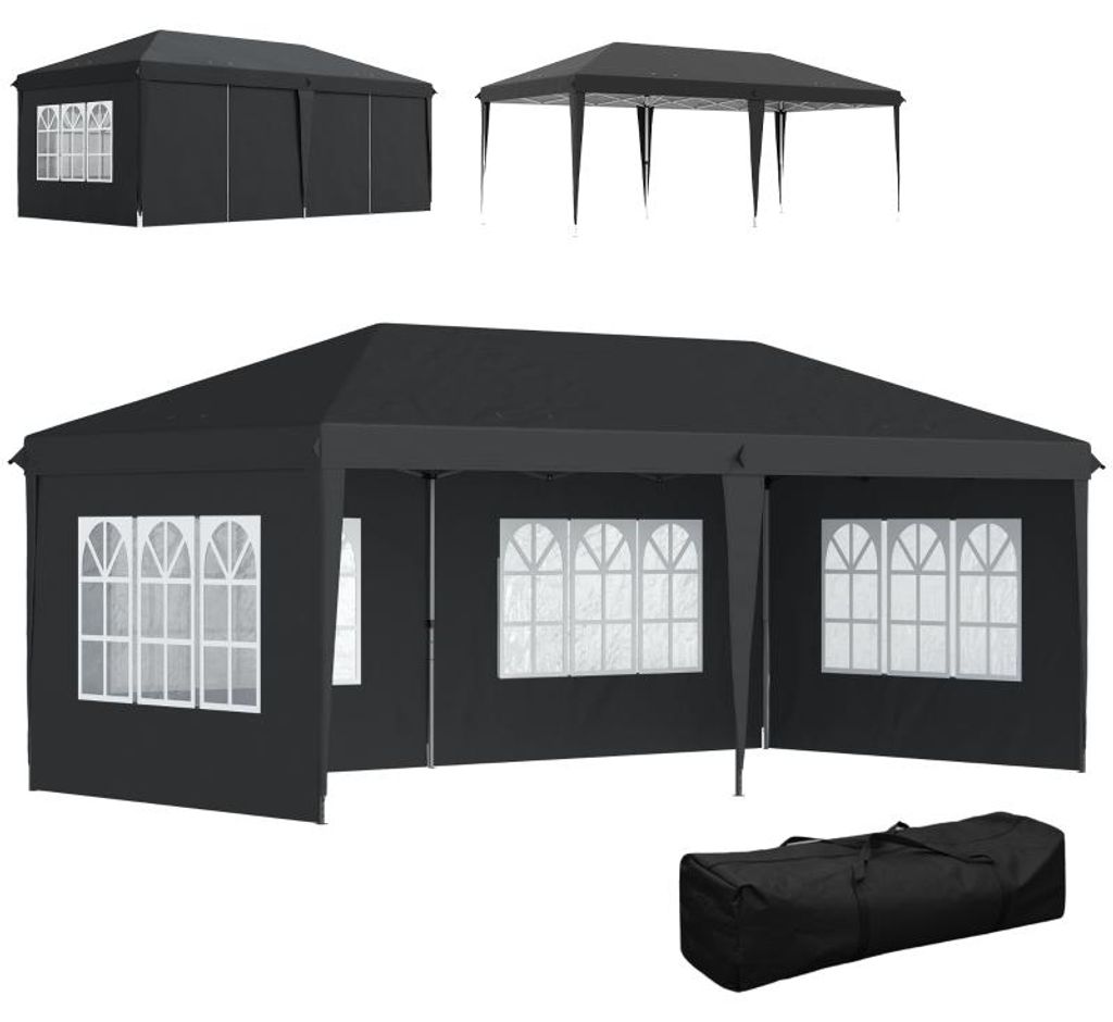 6x3 m Faltpavillon Pop-up wasserdicht Gartenpavillon mit 4 Seitenteilen Fenster Partyzelt Tragetasche Schwarz