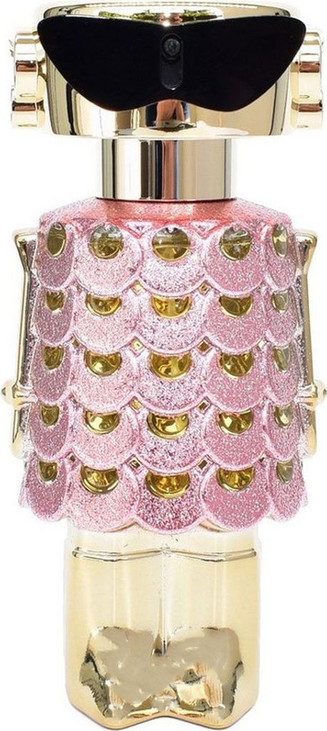 A perfume bottle with a pink, scale-like design and a gold base, topped with black sunglasses.