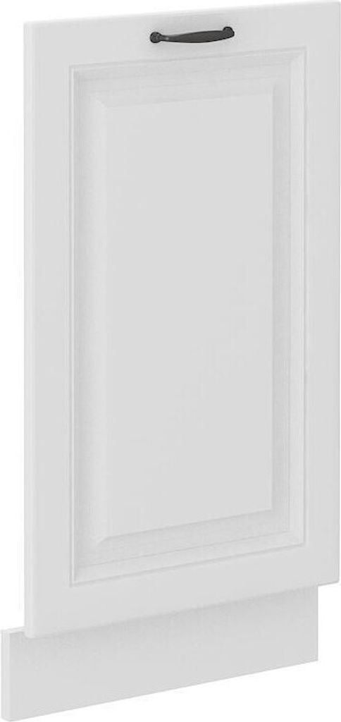A white cabinet door with a dark handle.
