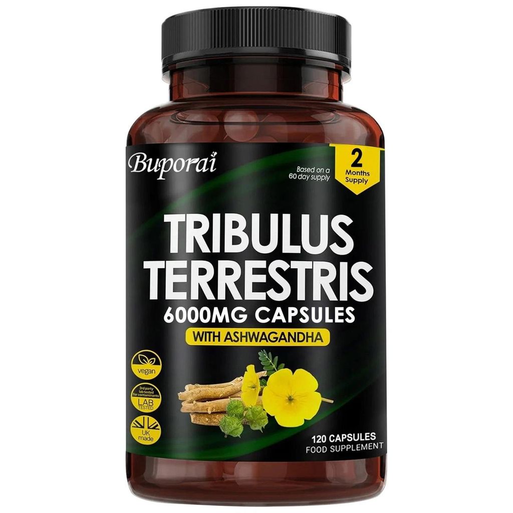 Tribulus Terrestris 6000mg + Ashwagandha (120 Kapseln) Nahrungsergänzungsmittel, Energie, Stärke, Konzentration, Gehirn, Stress, Angst, Immunsystem