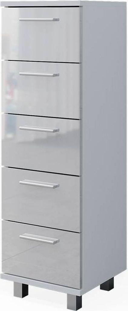 A tall, narrow white cabinet with five drawers and silver handles, standing on four silver legs.