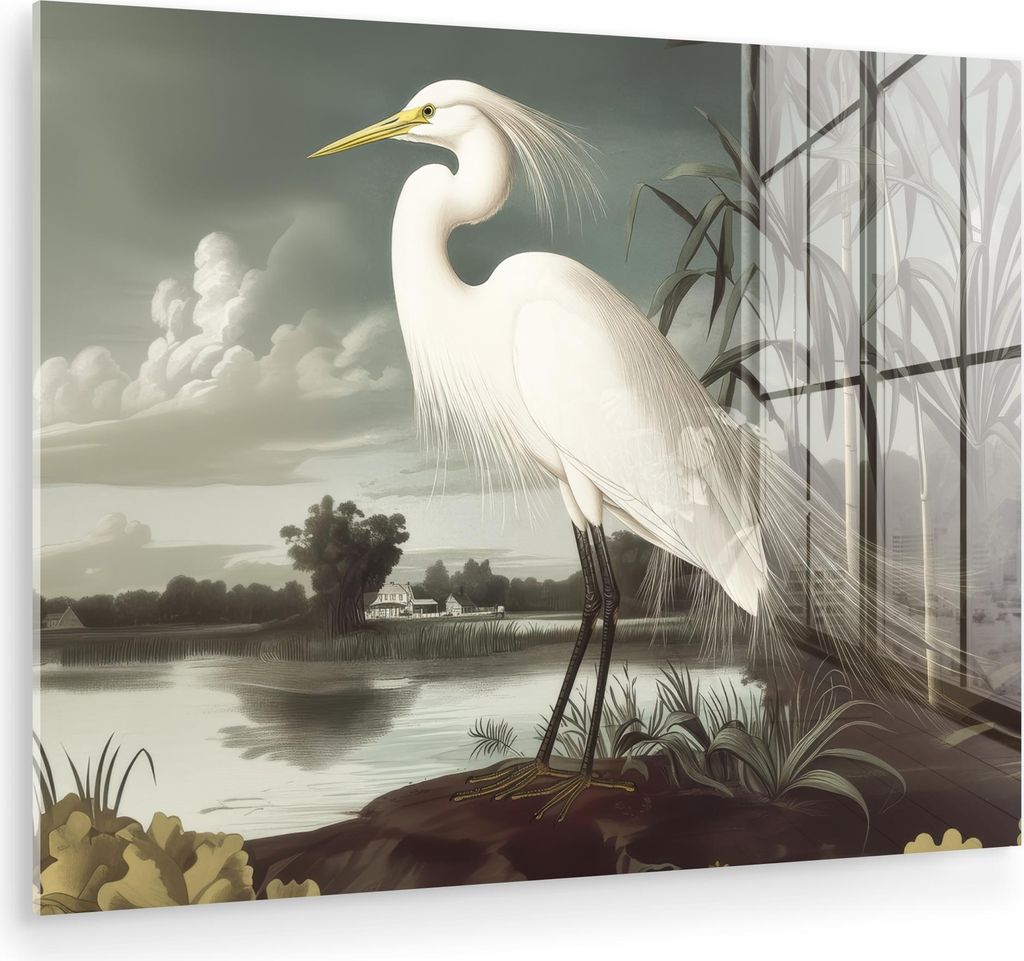 MuchoWow Glasbilder - Bilder auf Wandbild - Foto auf Glas Reiher - Pflanzen - Wolken - Weiß 80x60 cm Wanddekoration aus Glas - Acrylglasbild - Acr...