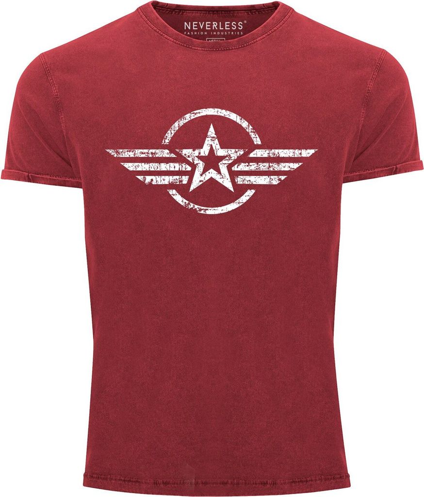 Herren Vintage Shirt Airforce Stern Army Military Aufdruck Printshirt T-Shirt Aufdruck Used Look Slim Fit Neverless rot XL