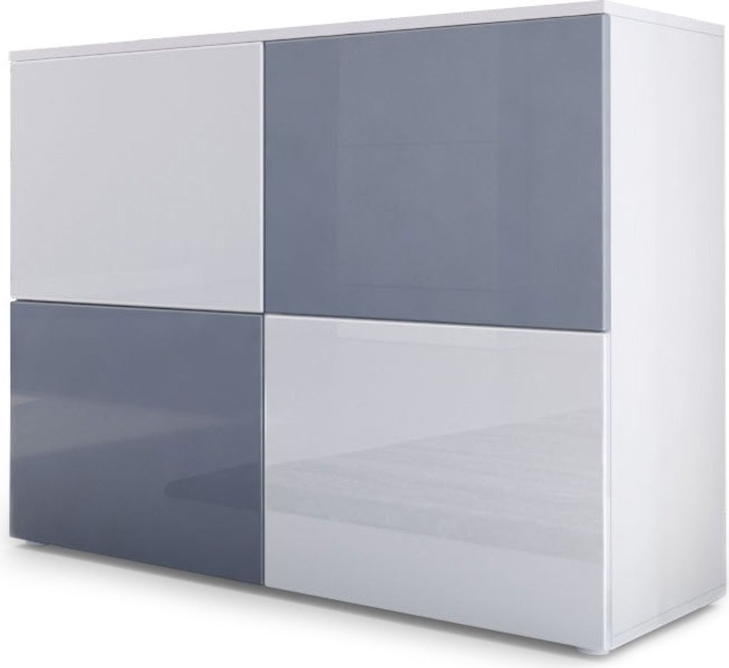 Vladon Sideboard Rova, Germany, Kommode mit 4 Türen, Weiß matt/Weiß Hochglanz/Grau Hochglanz (92 x 72 x 35 cm)