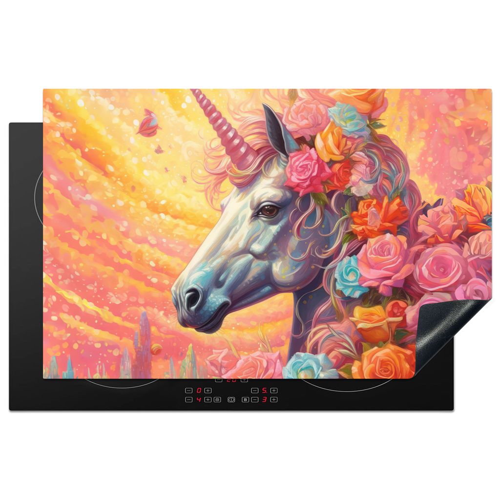 KitchenYeah Herdabdeckplatte Einhorn - Rosen - Einhorn - Blumen , 80x52cm, Küche Deko, Glaskeramikkochfeld Herdabdeckung, Abdeckplatte fùr Koch...