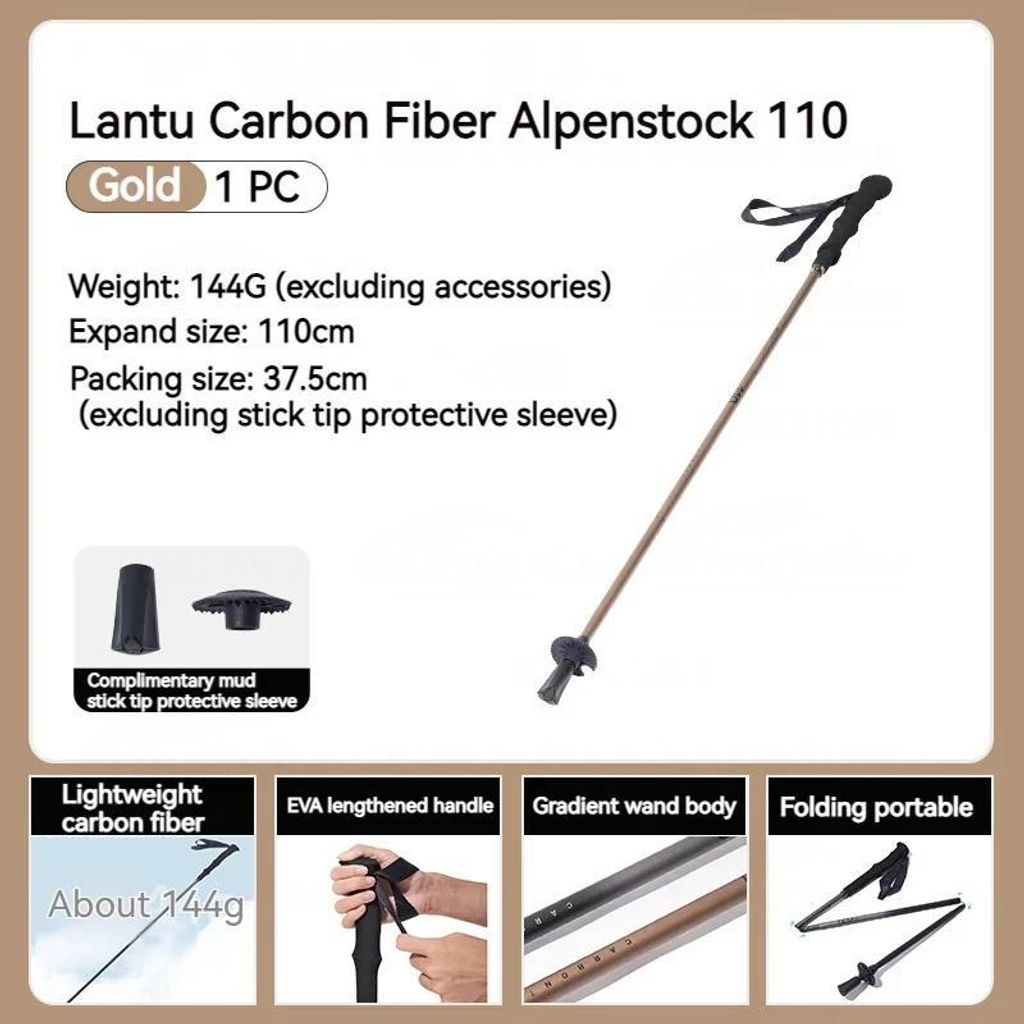 Lantu Trekkingstock - teleskopischer Wanderstock 110 cm - Carbonfaser - ultraleicht 144 g - faltbar 4-teilig - Wolframstahlspitze - Gold