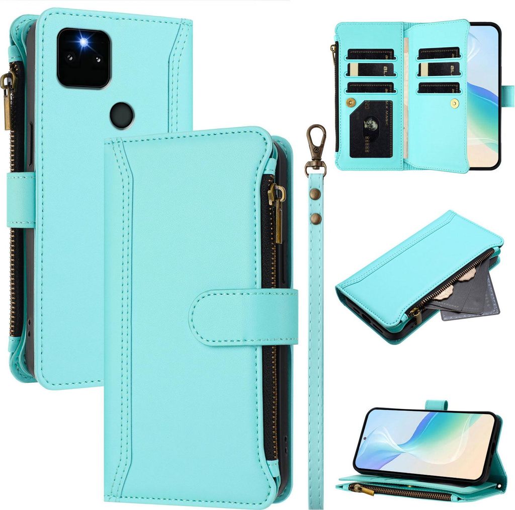Handyhülle für Google Pixel 5A 5G Reißverschluss Geldbörse Kunstleder Klapphülle mit Kartensteckplatz, Ständer, Handschlaufe Türkis