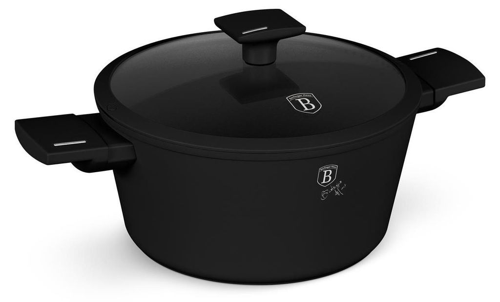 A black pot with a glass lid and handles, shown from a slightly elevated side angle on a white background.