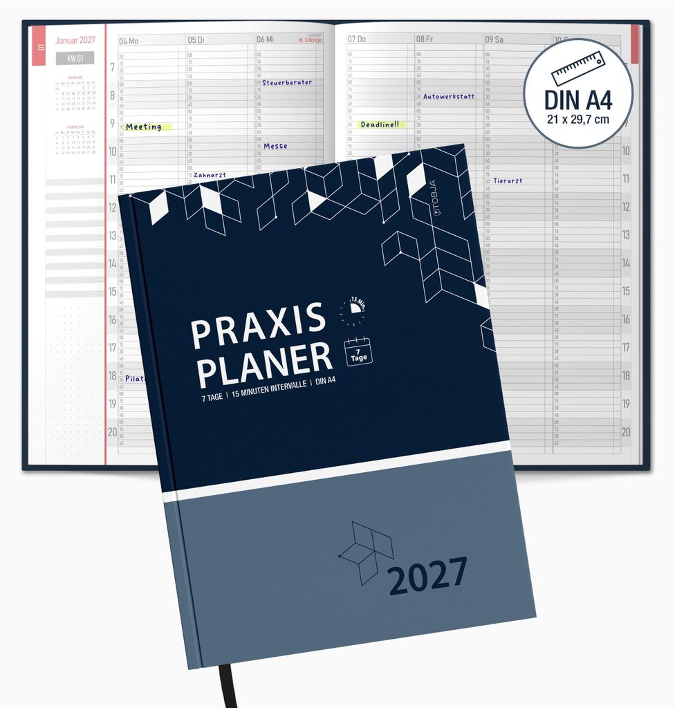 Praxisplaner 2027 A4 Navy Hardcover Arztpraxis Zahnarzt Tierarzt 15 Min TaktMitarbeiter-Plan