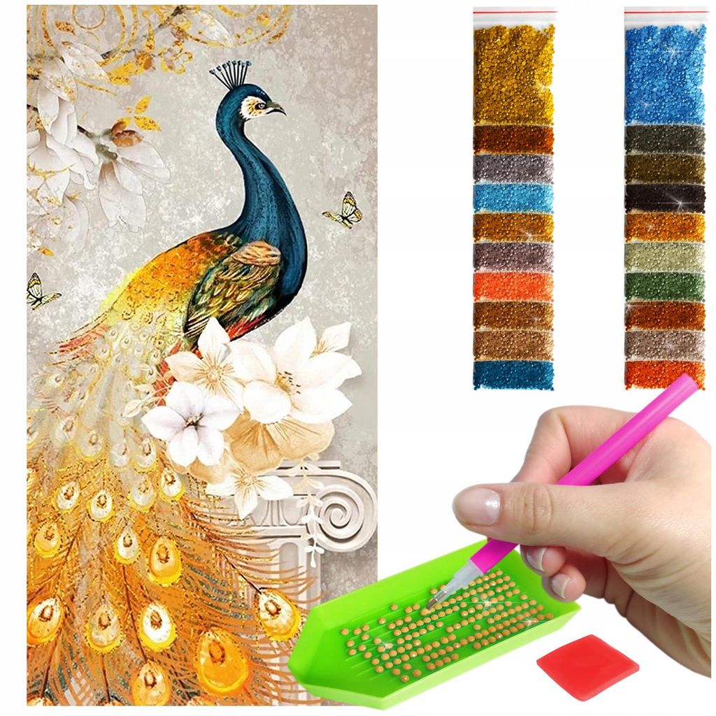 ARTULIO - Diamond Painting Set - Goldener Pfau mit weißen Blumen - 80 x 40 cm - Groß XXL - Crystal Art, Komplettset Mosaik + Zubehör
