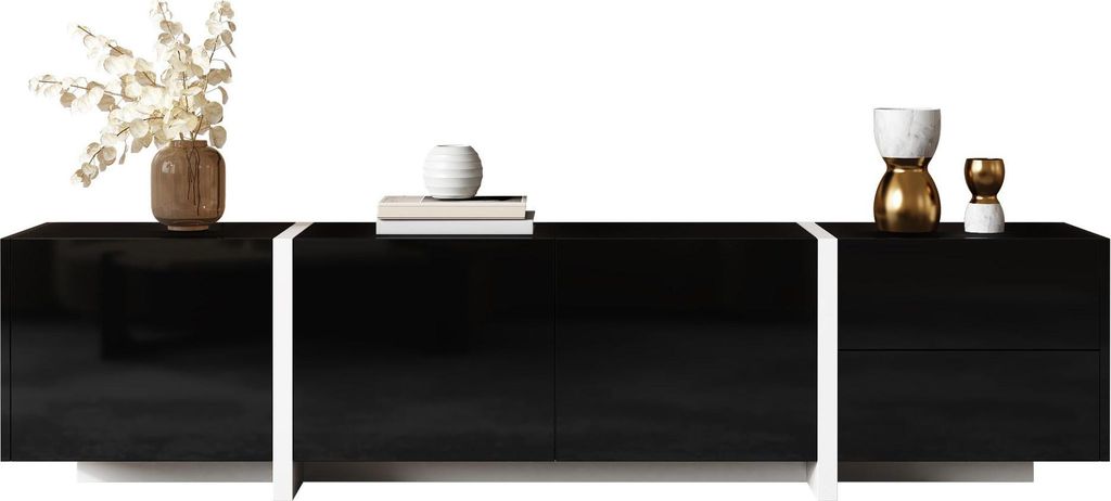 AIORBER TV-Schrank in Weiß Hochglanz mit schwarzen Beinen, Klapptür, Schublade, viel Stauraum, modernes Design, Schwarz