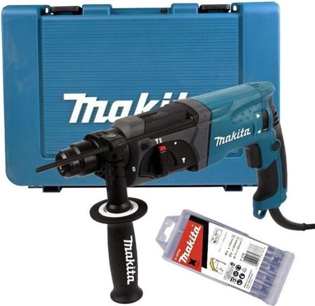 A Makita rotary hammer drill with its case and a set of drill bits.