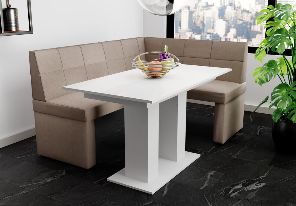 Eckbankgruppe 168x128 cm BLAKE L Stoff Soro Taupe / Esstisch DANTE Weiß