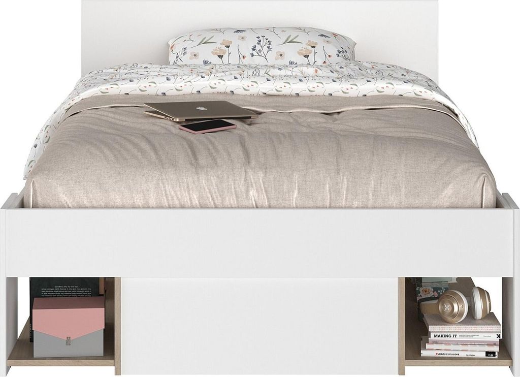 Bett 120 x 190/200 cm mit Kommode und - Weiß und Natur - KINSELIA