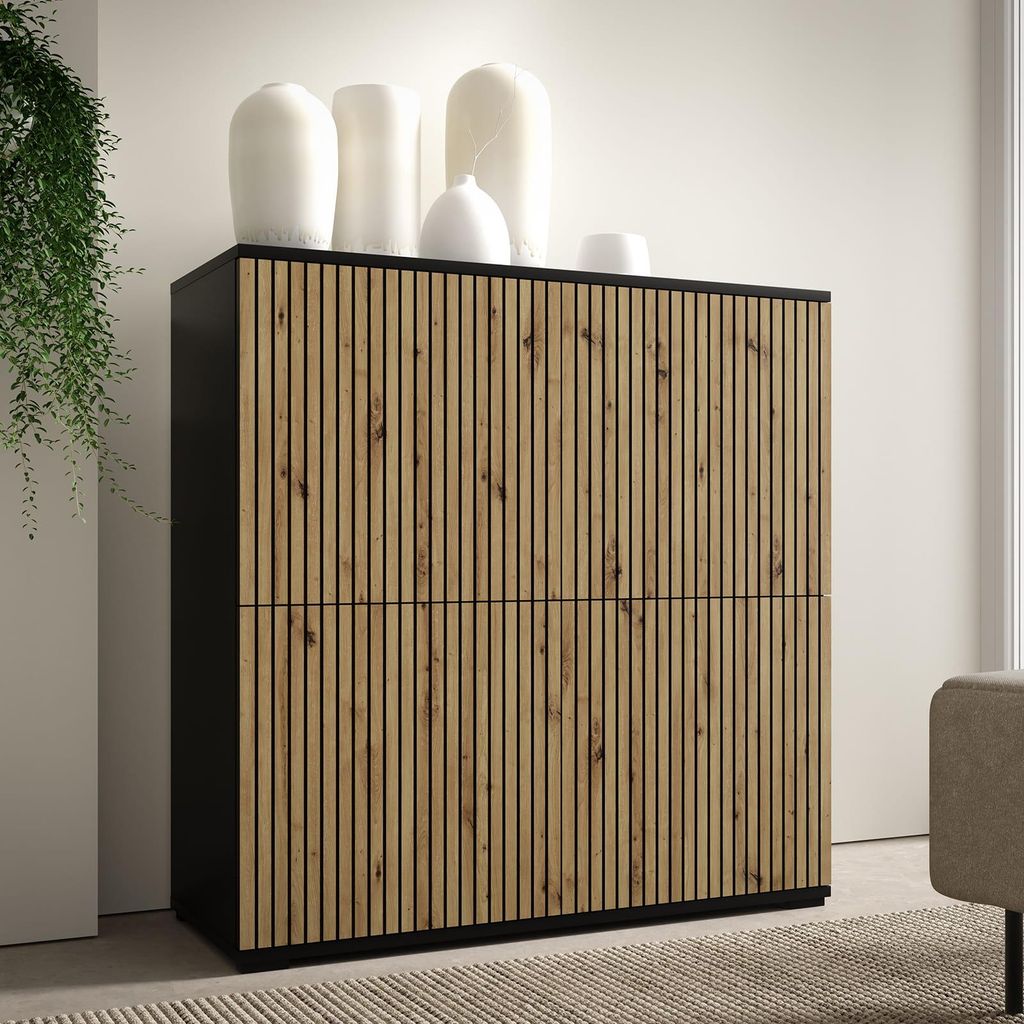 Kommode PANAMA 100 cmTürkommode, Stilvoll Wohnzimmer, Kommode mit vier Drehtüren, Push-to-Open, 8 Regale, Highboard, niedrige Füße - Eiche, Sch...