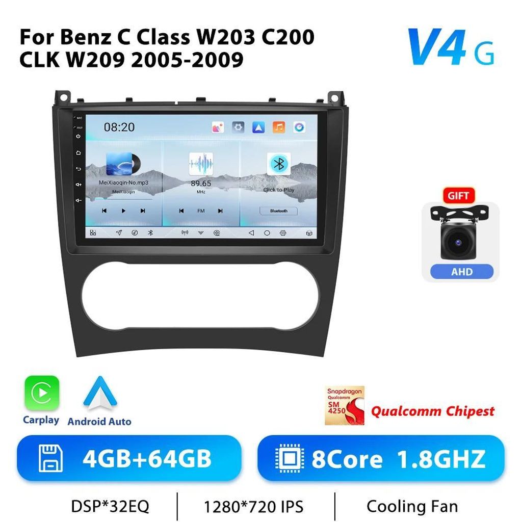 Autoradio W203 2005–2009 - 2‐DIN Android 13 - 23 cm Touchscreen - 8‐Kern MTK - GPS Navigation - RDS - 4x45 W - 2x USB