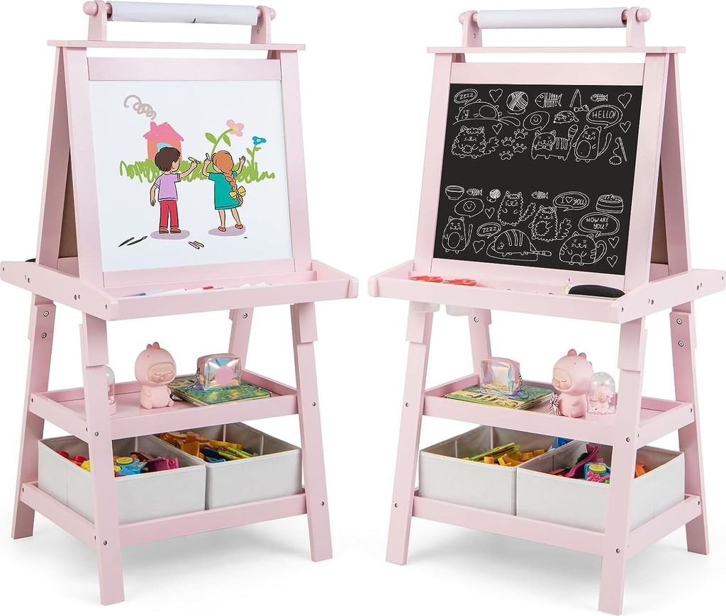 GOPLUS 3 in 1 Standtafel für Kinder, Magnetisches Whiteboard & Kreidetafel, Doppelseitiger Staffelei mit Aufbewahrungsbox, Maltafel, Schreibtafel,...