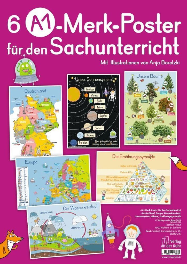 6 A1-Poster für den Sachunterricht: Deutschland, Europa, Wasserkreislauf, Sonnensystem, Bäume, Ernährungspyramide